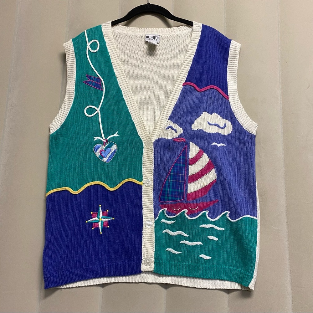Vintage Koret Sport Women’s Sweater Vest XL Sailboat Nautical Novelty 1990s 90s